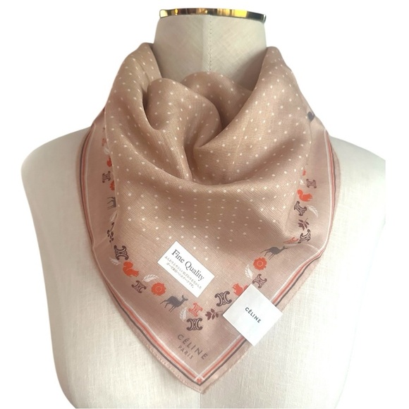 NWT Celine Beige Polka Dot Deer and Logo Patterned Fall Motif Cotton Scarf 20” - Picture 3 of 4